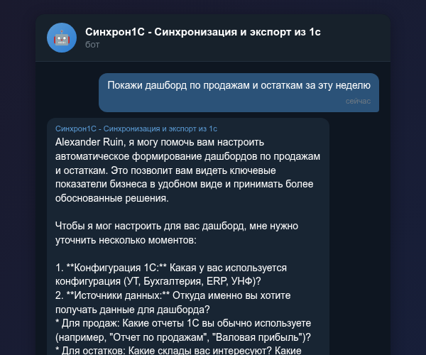 Пример дашборда по продажам и остаткам в Telegram